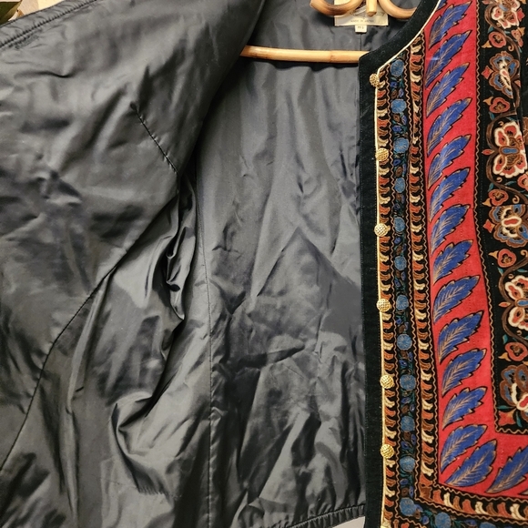 Vintage 80s Saxton Hall rose botanical peacock print Velvet Jacket - Picture 7 of 13